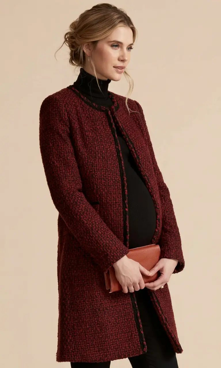 Pregnancy outfit inspiration 2026 Bouclé Coat and Black Base for Chic Winter Occasions