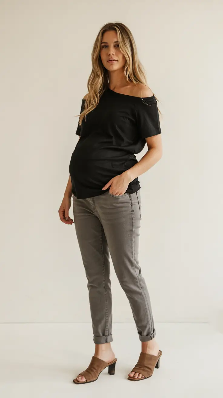 Pregnancy outfit inspiration 2026 Off-the-Shoulder Tee and Grey Denim for Relaxed Summer Evenings
