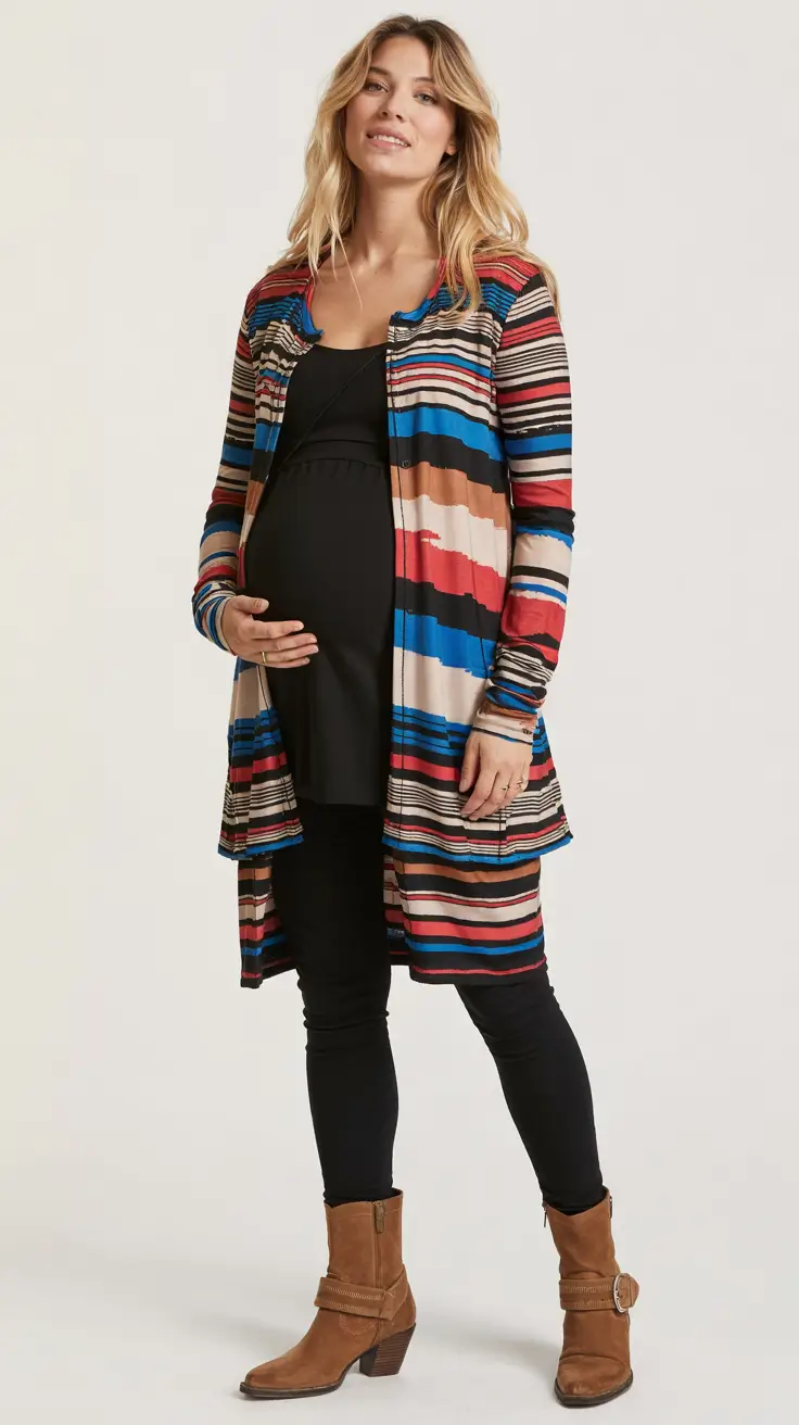 Pregnancy outfit inspiration 2026 Striped Cardigan and Boots for Colorful Ideas Fall
