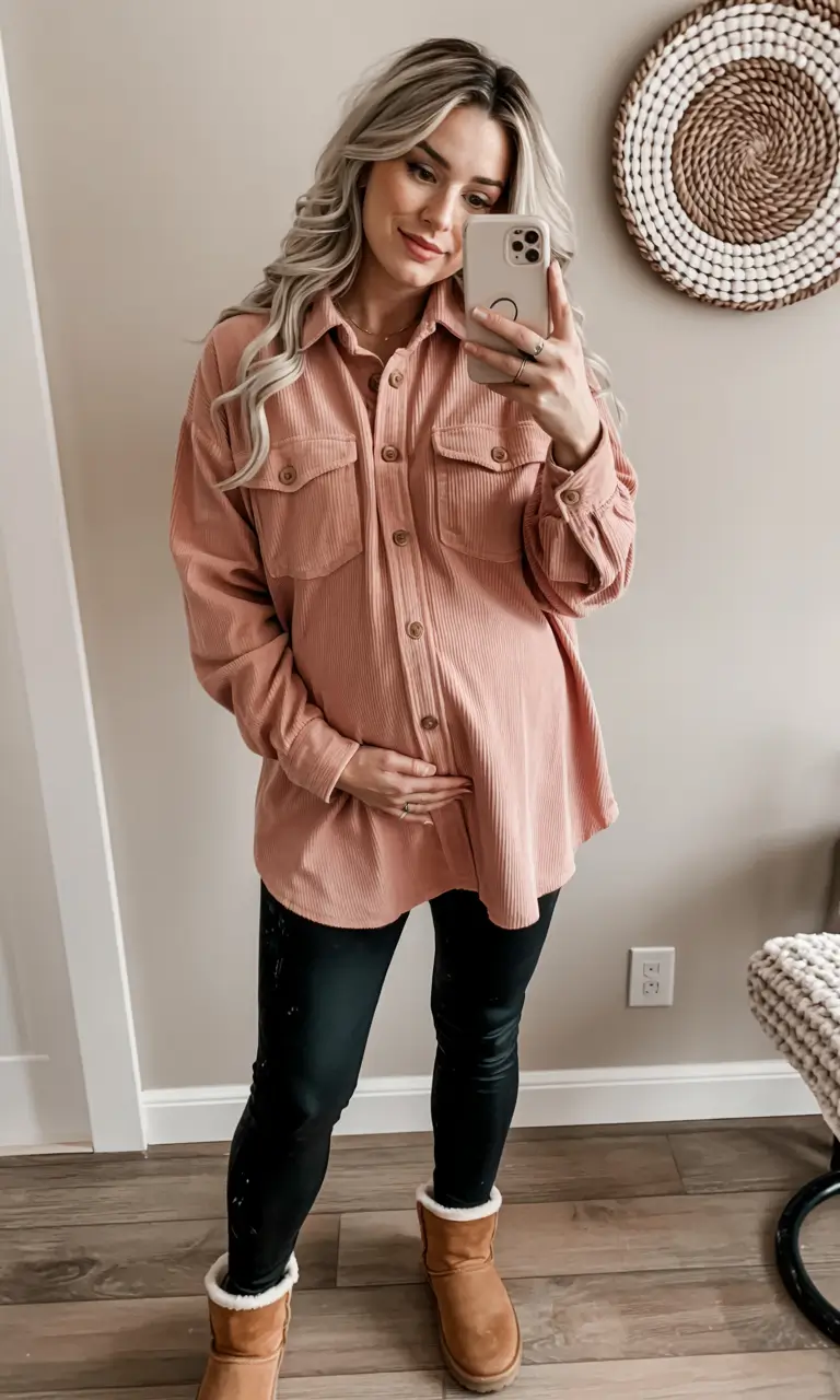 Pregnancy outfit inspiration 2026 Corduroy Shacket and Leggings for Cozy Fall Winter Weekends