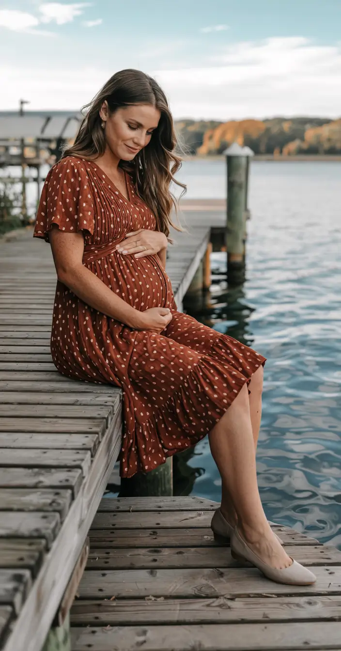 Pregnancy outfit inspiration 2026 Rust Midi Dress for Lakeside Autumn Moments