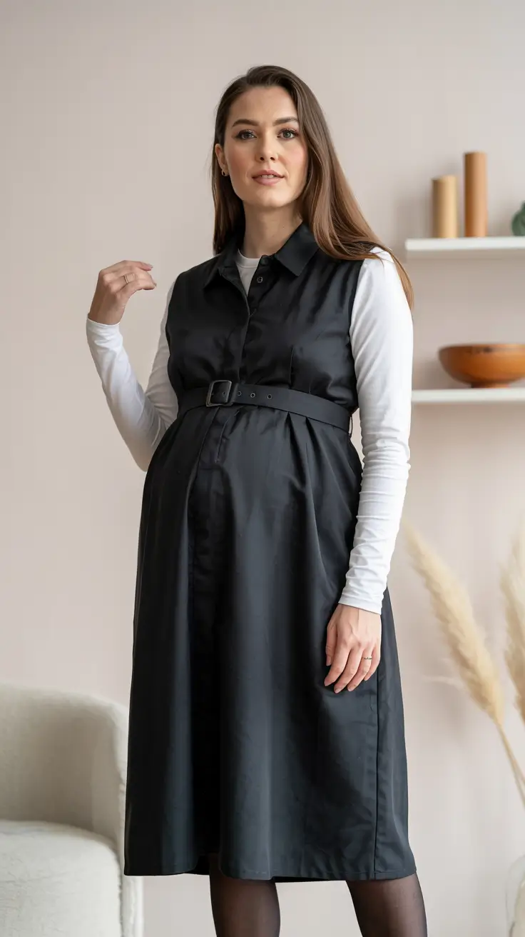Pregnancy outfit inspiration 2026 Layered Shirt Dress for Autumn Winter Office Chic