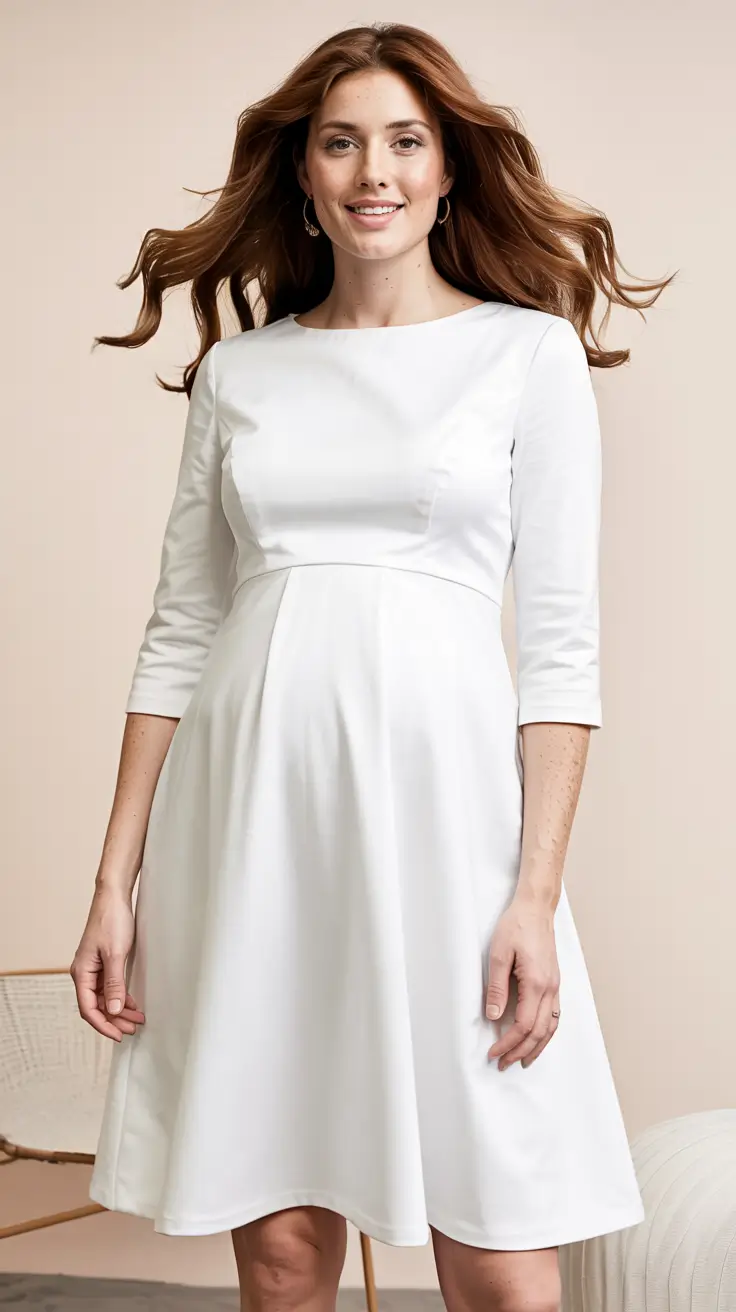 Pregnancy outfit inspiration 2026 Clean White Dress for Modern Winter Photoshoot Moments