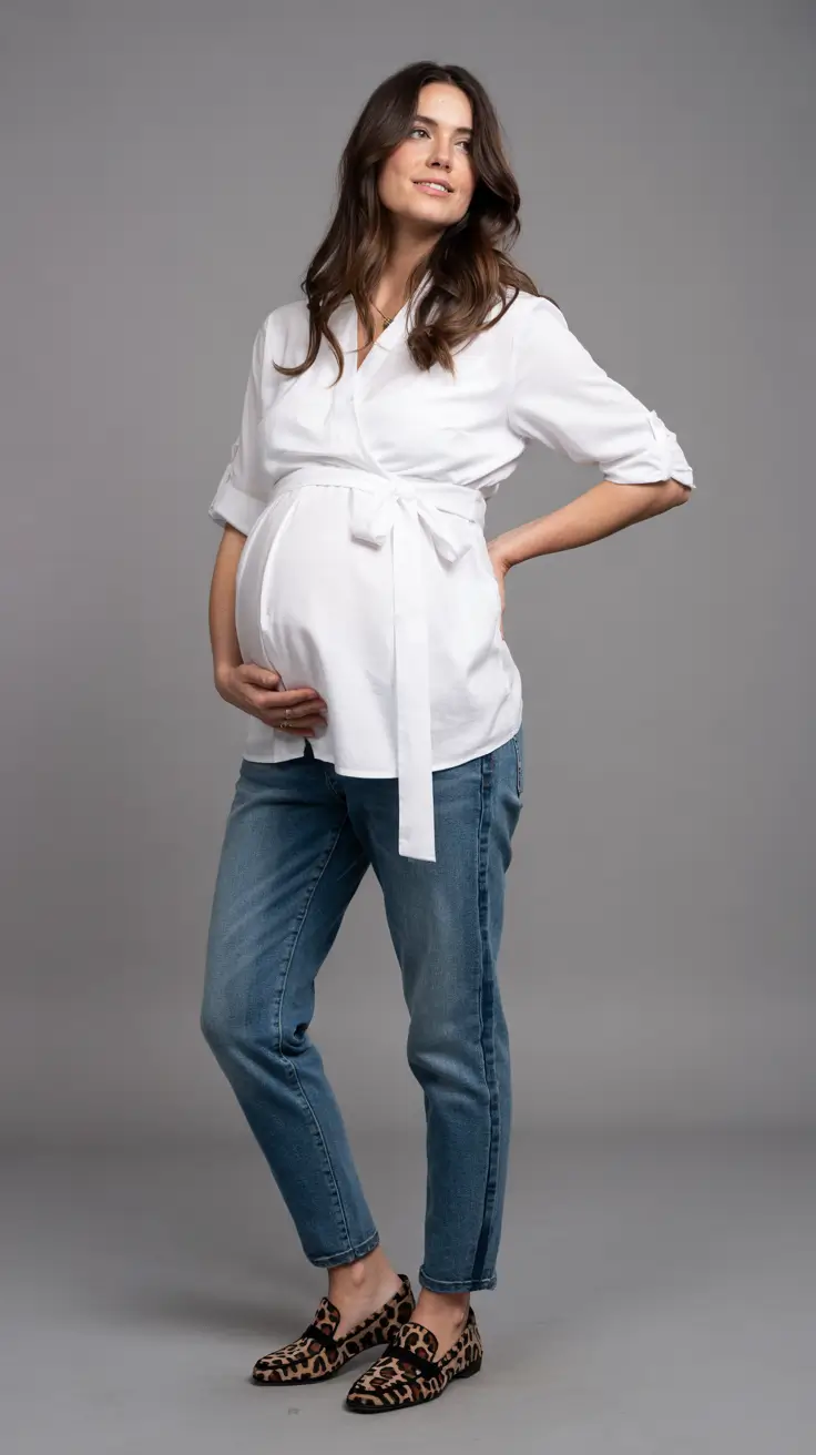 Pregnancy outfit inspiration 2026 Wrapped White Shirt and Jeans for Effortless Everyday Style