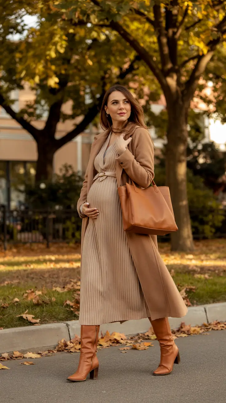 Pregnancy outfit inspiration 2026 Monochrome Camel Knits for Elevated Autumn Park Walks