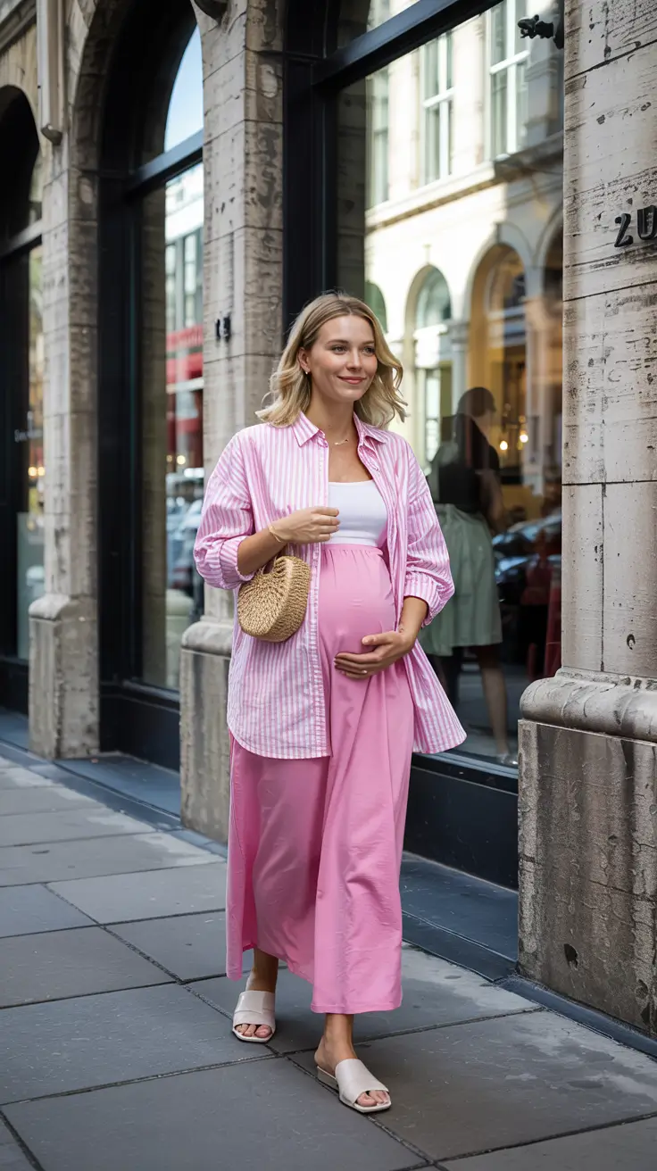 Pregnancy outfit inspiration 2026 Cotton Candy Pink Set for Easy Summer City Days