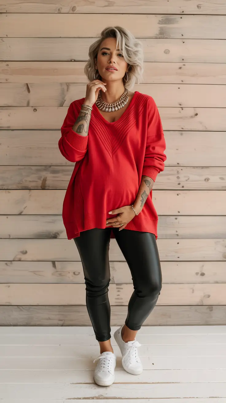 Pregnancy outfit inspiration 2026 Bold Red Knit and Leather-Look Leggings for Fall Nights