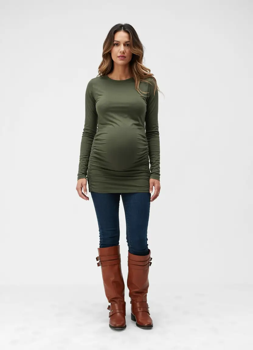 Pregnancy outfit inspiration 2026 Olive Tunic and Riding Boots for Classic Ideas Fall