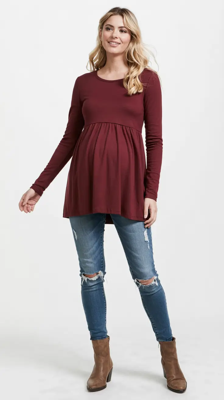 Pregnancy outfit inspiration 2026 Burgundy Babydoll Top and Distressed Denim for Casual Autumn Days