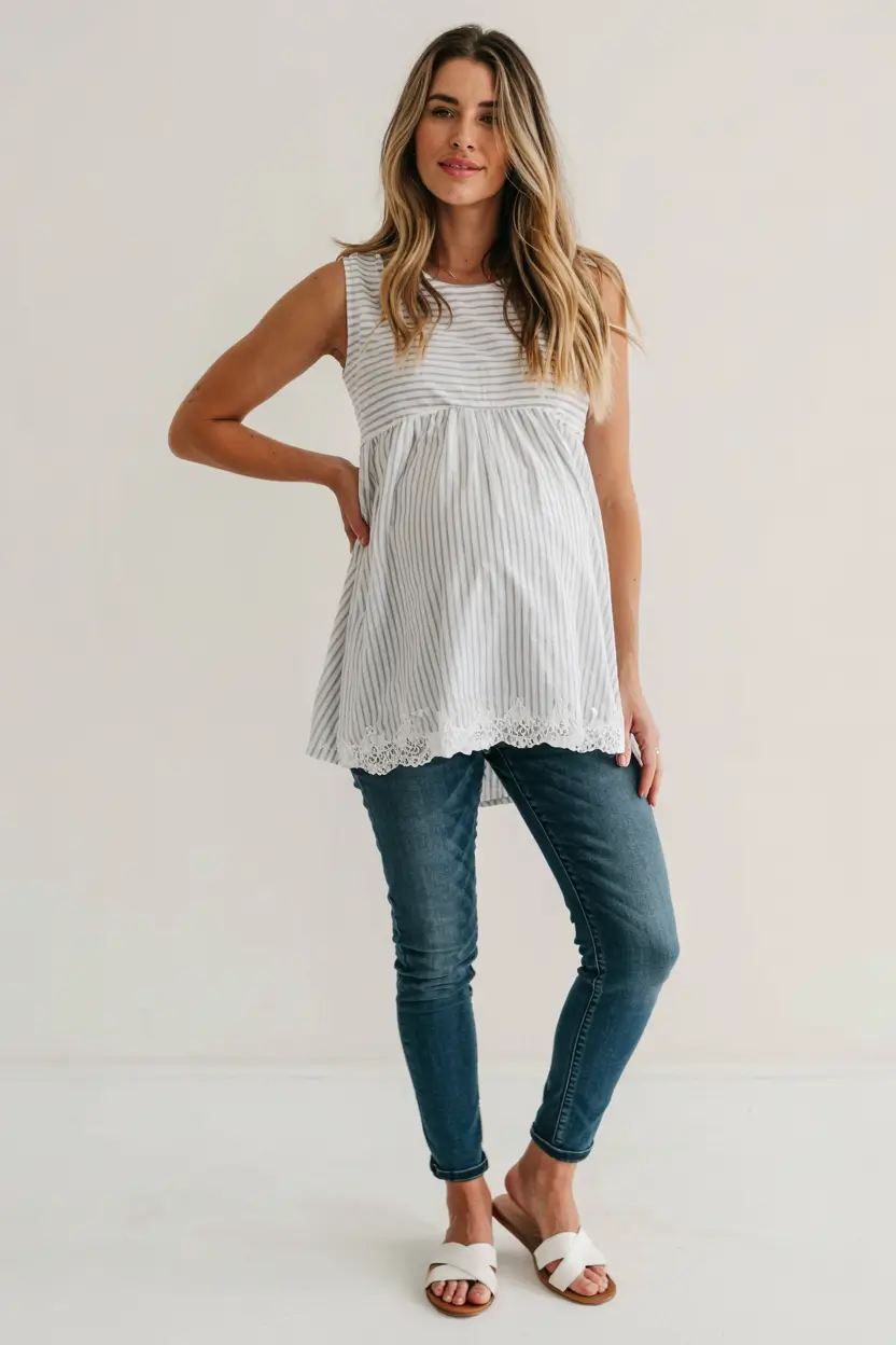 Pregnancy outfit inspiration 2026 Striped Sleeveless Tunic and Jeans for Breezy Summer Modest Style