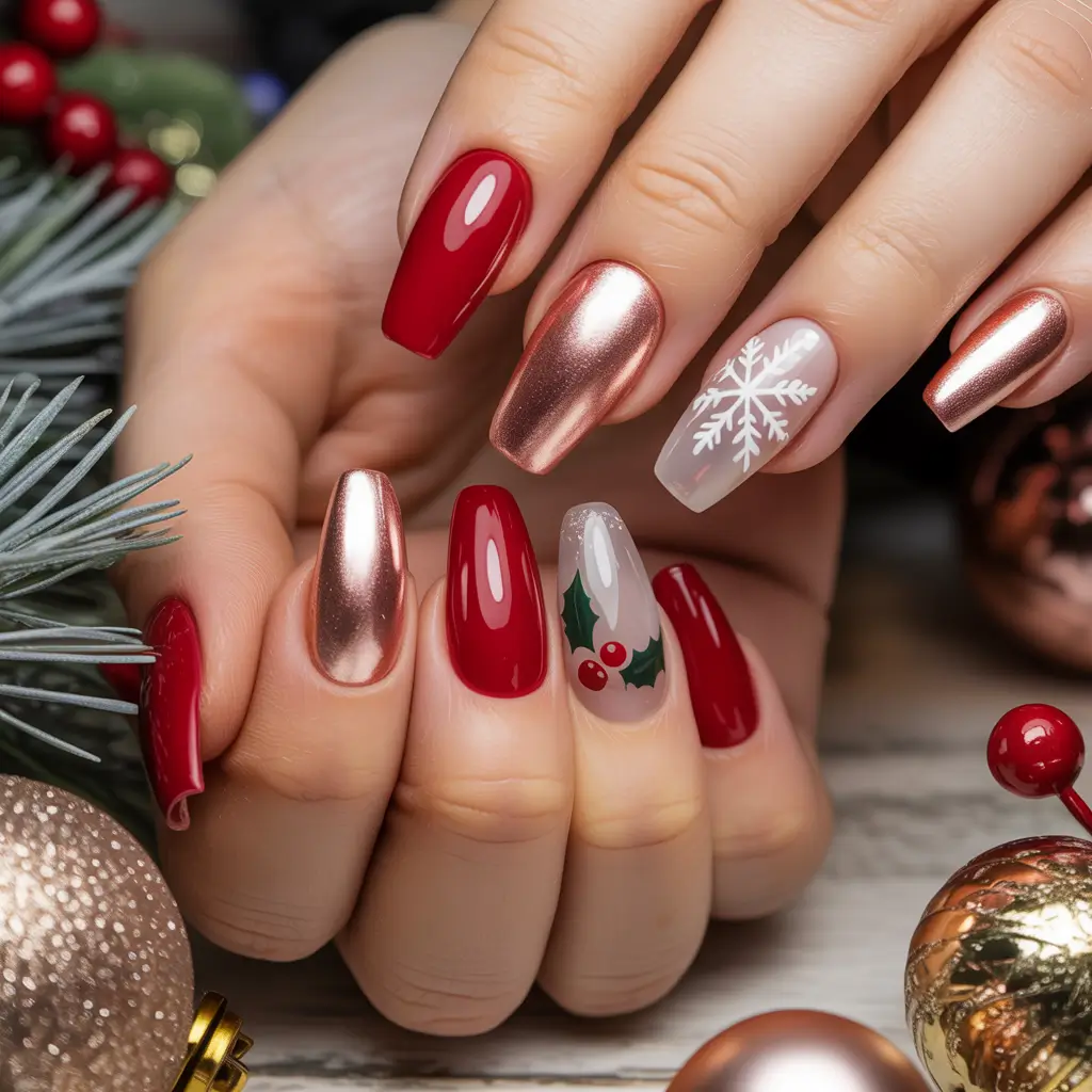 Red Christmas Nails 2025 Glistening Holiday Red with Metallic Magic