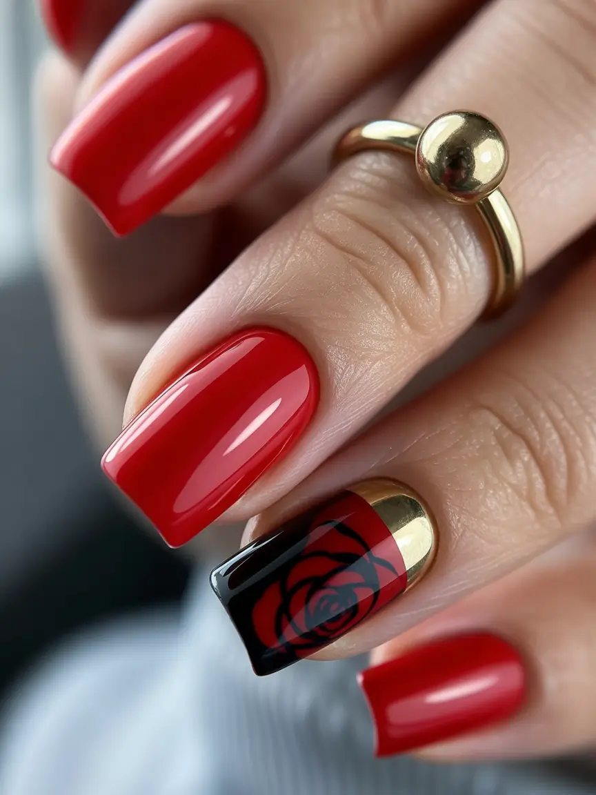 Red Christmas Nails 2025 Glam Gold and Rose Accent