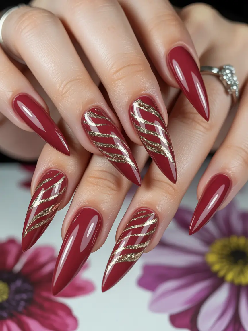Red Christmas Nails 2025 Spiraled Gold and Maroon Fantasy