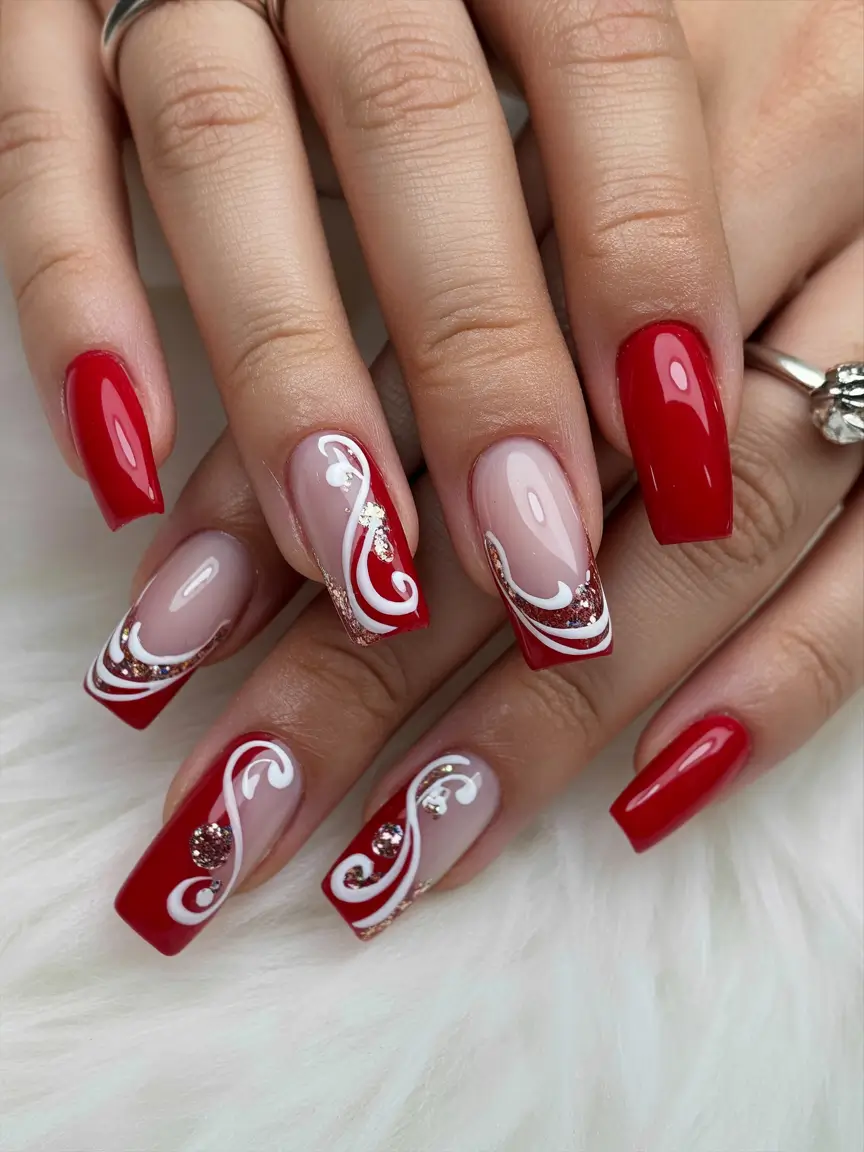 Red Christmas Nails 2025 Romantic Swirls and Rhinestone Accents