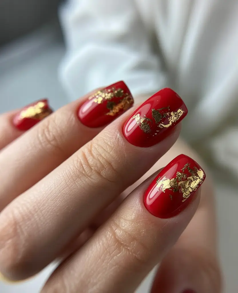 Red Christmas Nails 2025 Golden Flake Elegance