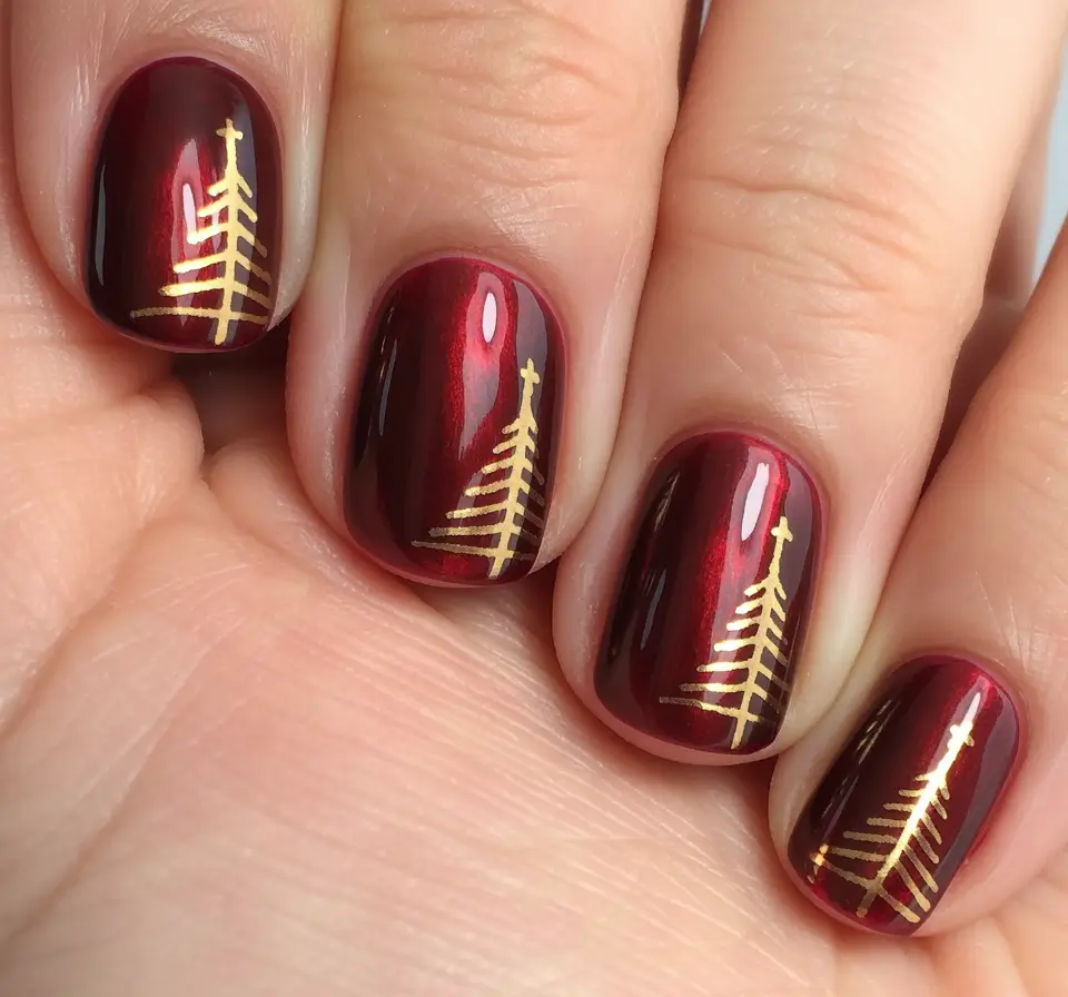 Red Christmas Nails 2025 Golden Christmas Tree Charm