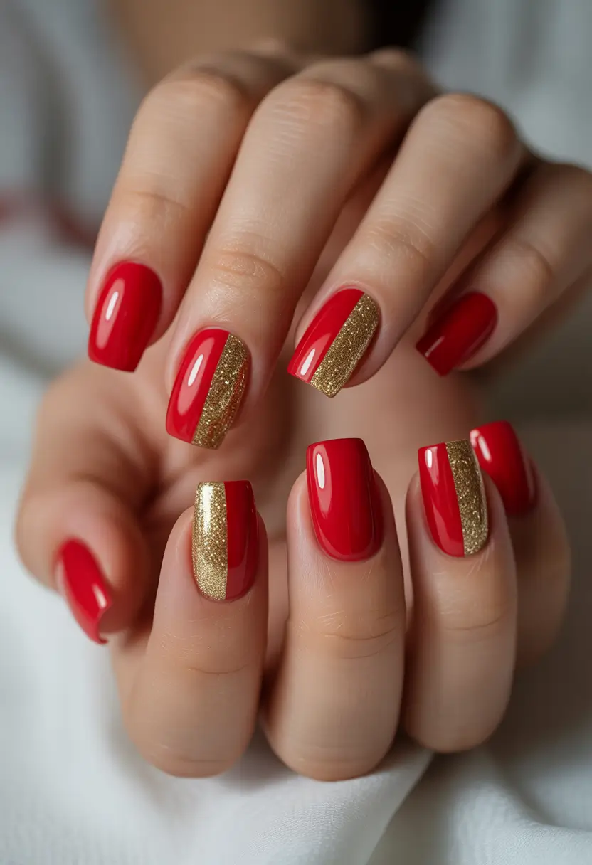 Red Christmas Nails 2025 Modern Gold Stripe Glam