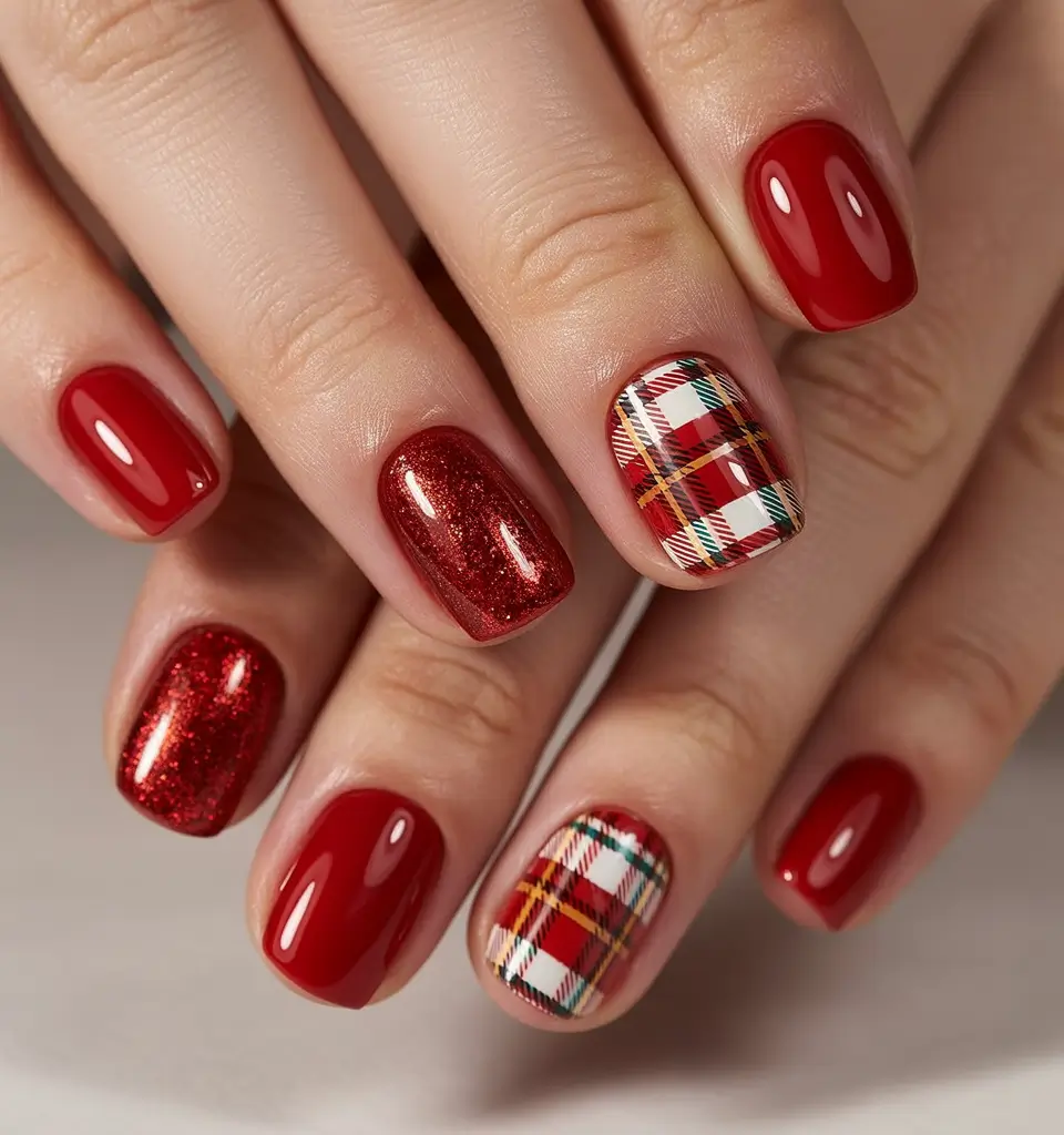Red Christmas Nails 2025 Plaid and Glitter Fusion