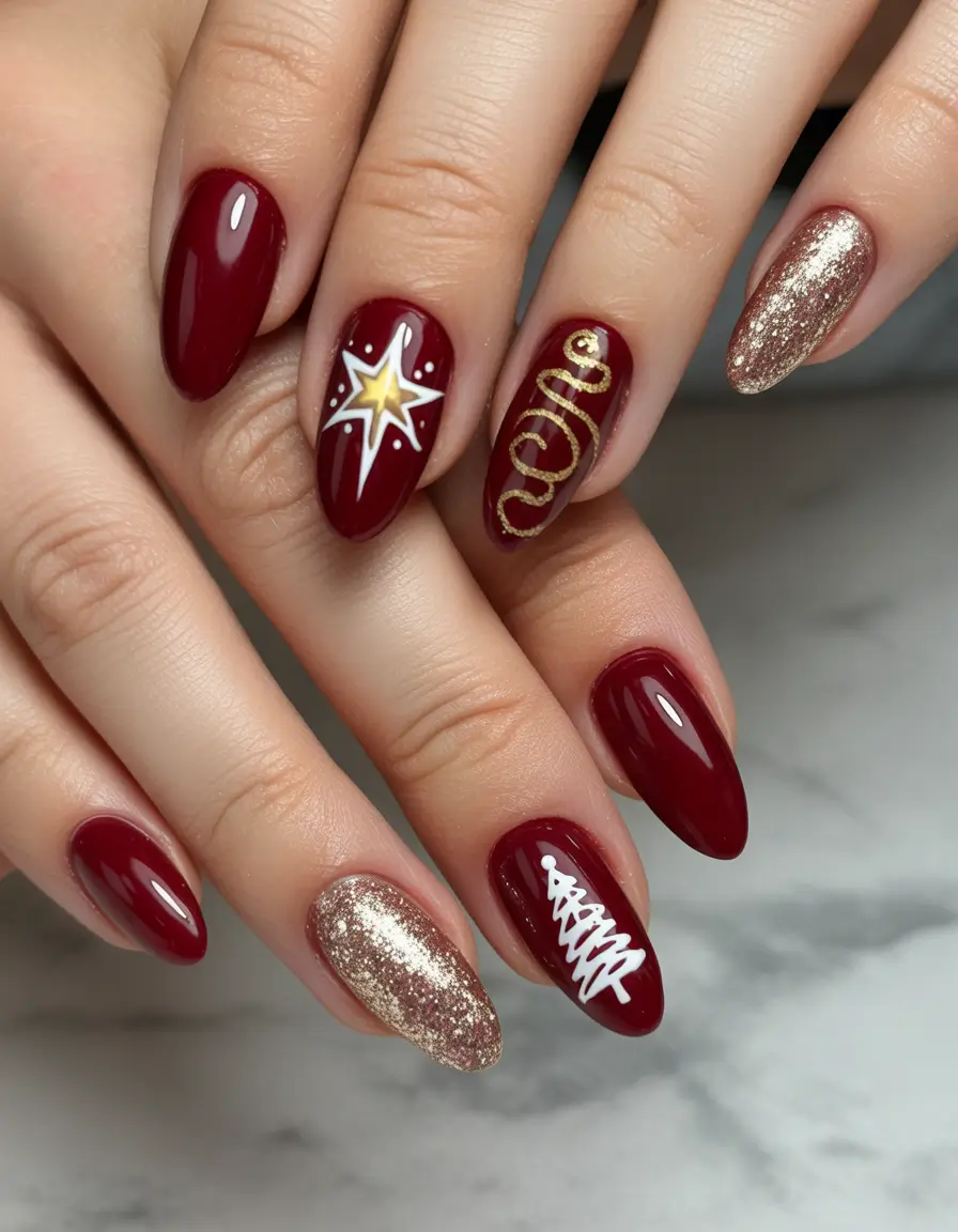 Red Christmas Nails 2025 Starry Night Red and Gold Elegance