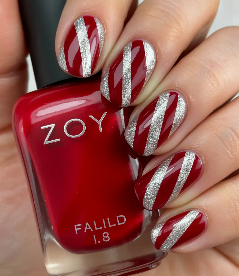 Red Christmas Nails 2025 Silver Striped Sophistication