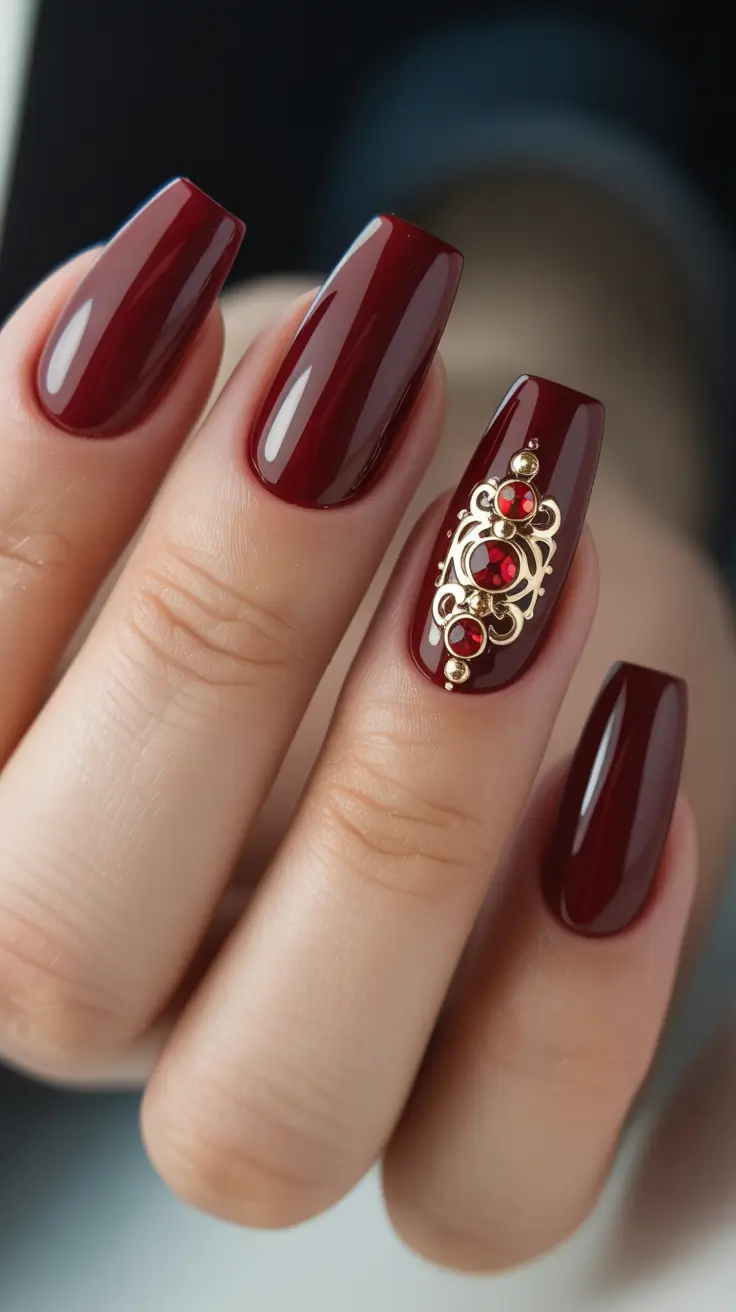 Red Christmas Nails 2025 Royal Ruby Ornament Glam