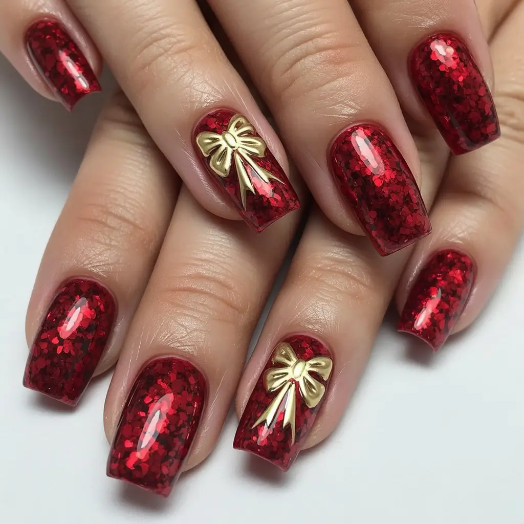 Red Christmas Nails 2025 Red Glitter and Gold Bow Delight