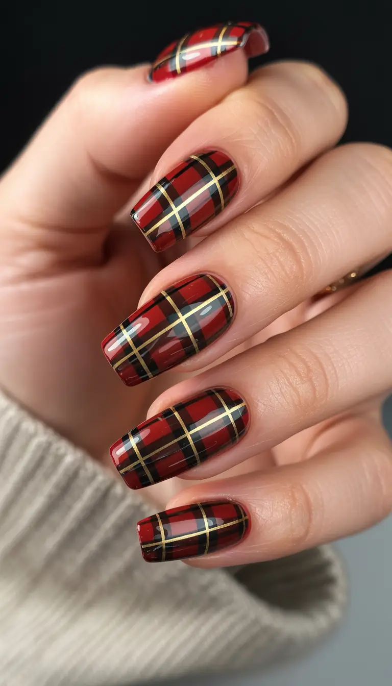 Red Christmas Nails 2025 Red Tartan Charm with a Modern Twist