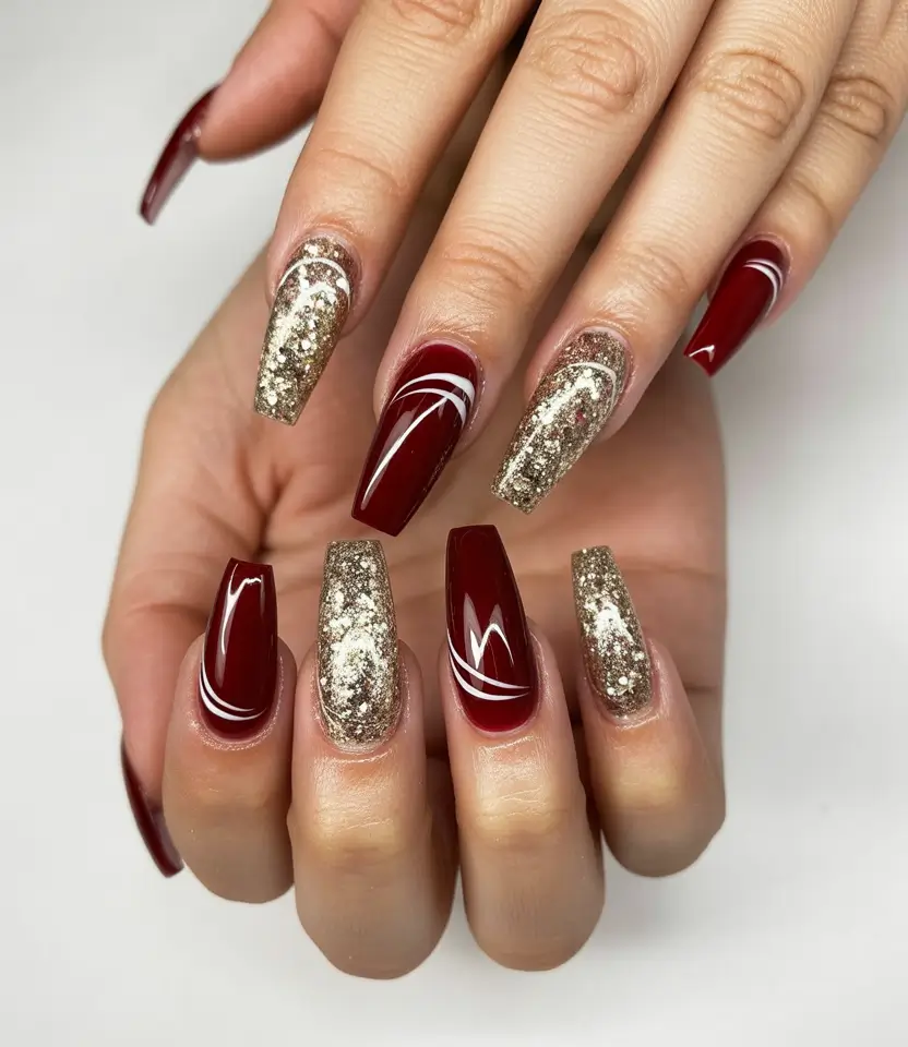 Red Christmas Nails 2025 Glamorous Gold and Cherry Shine