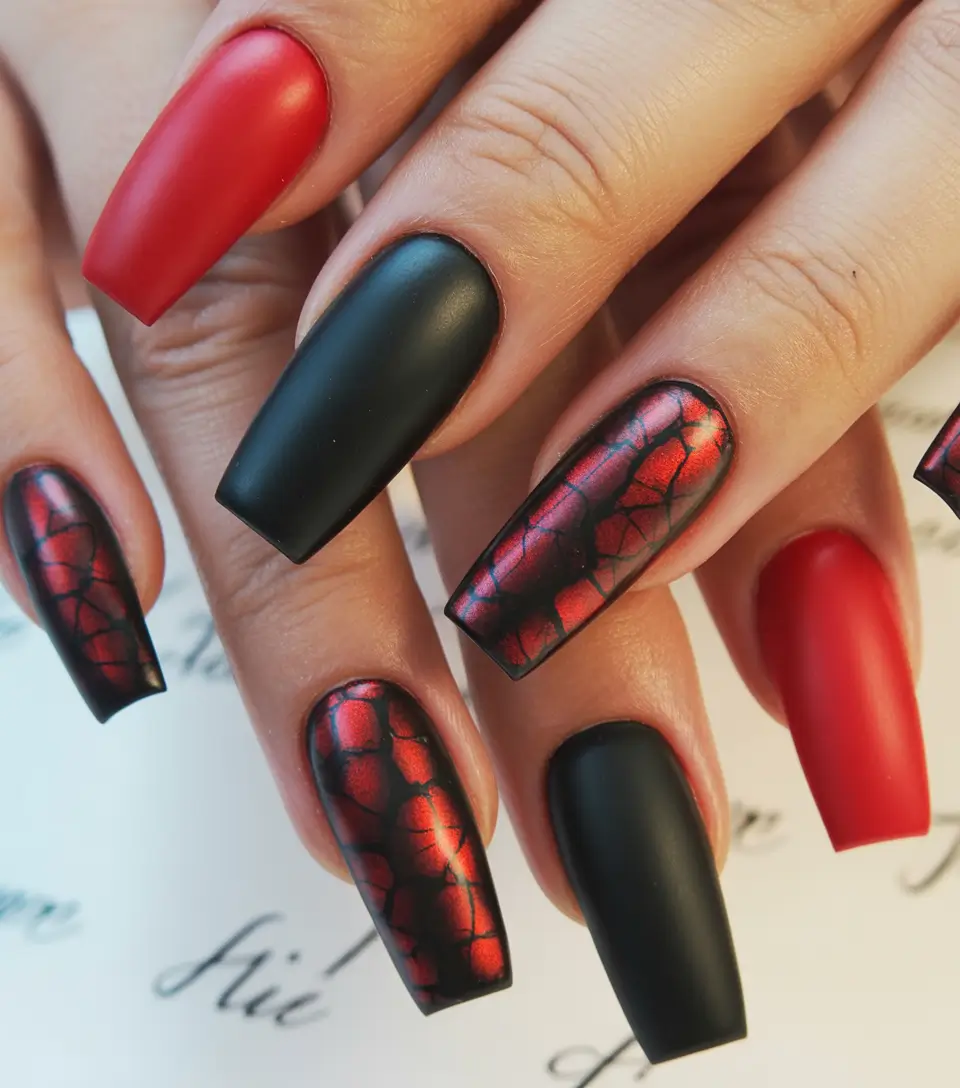 Red Christmas Nails 2025 Dark Matte Red and Black Allure