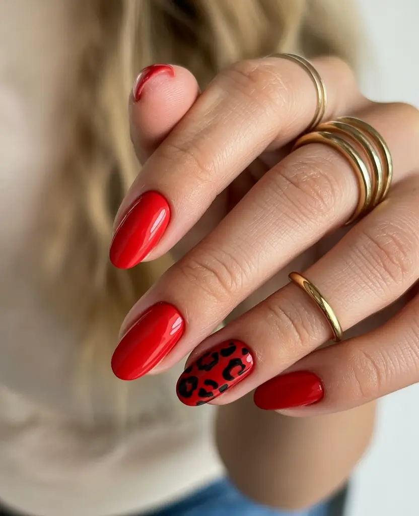 Red Christmas Nails 2025 Red with Leopard Accent – The Playful Twist