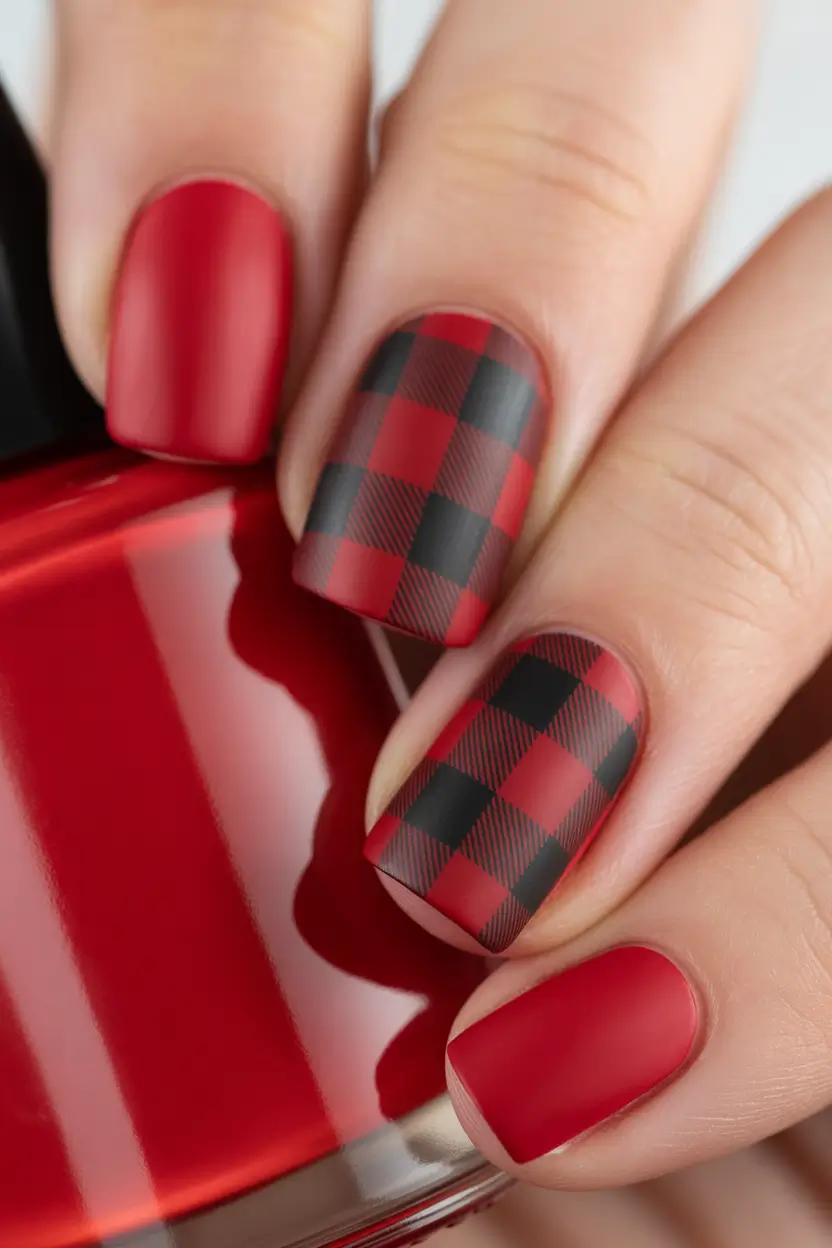 Red Christmas Nails 2025 Cozy Buffalo Plaid Perfection