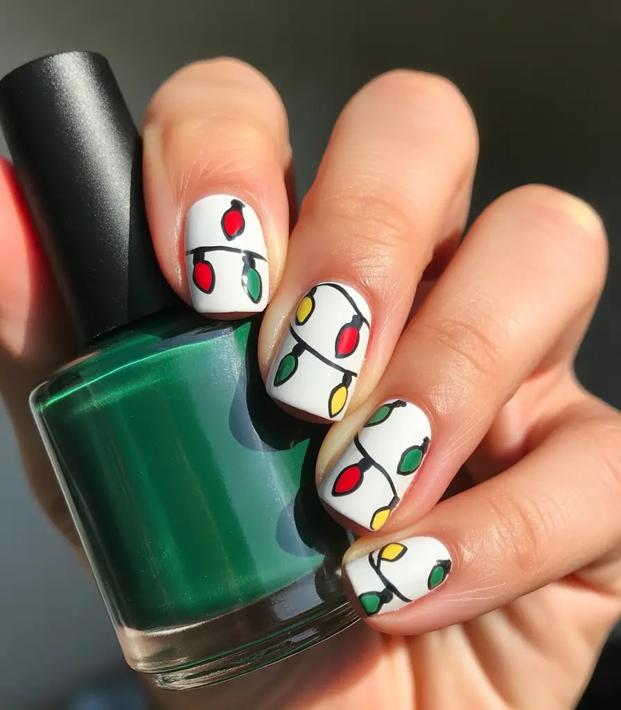 Simple Christmas Nails 2025 Festive Lights on White