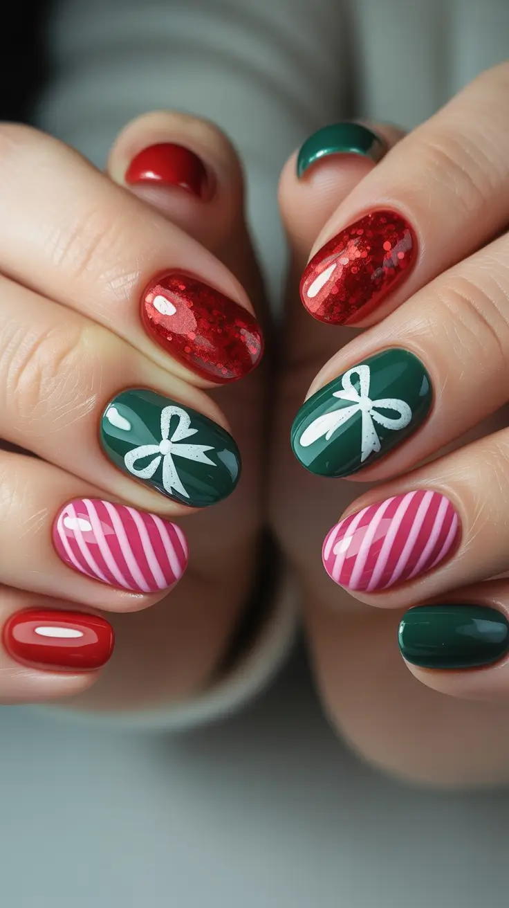 Simple Christmas Nails 2025 Gift Wrap Glam