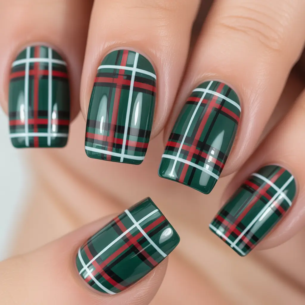 Simple Christmas Nails 2025 Emerald Tartan Elegance