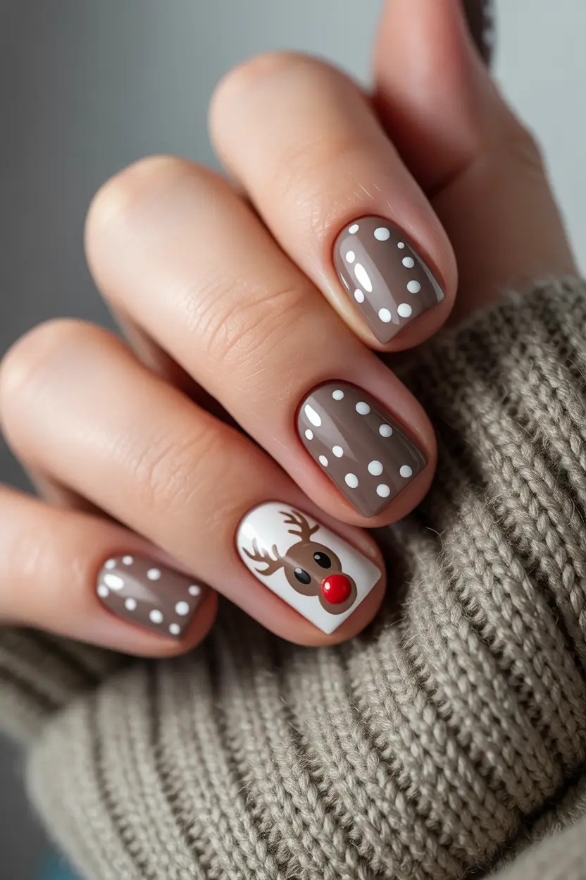 Simple Christmas Nails 2025 Rudolph & Cozy Neutrals