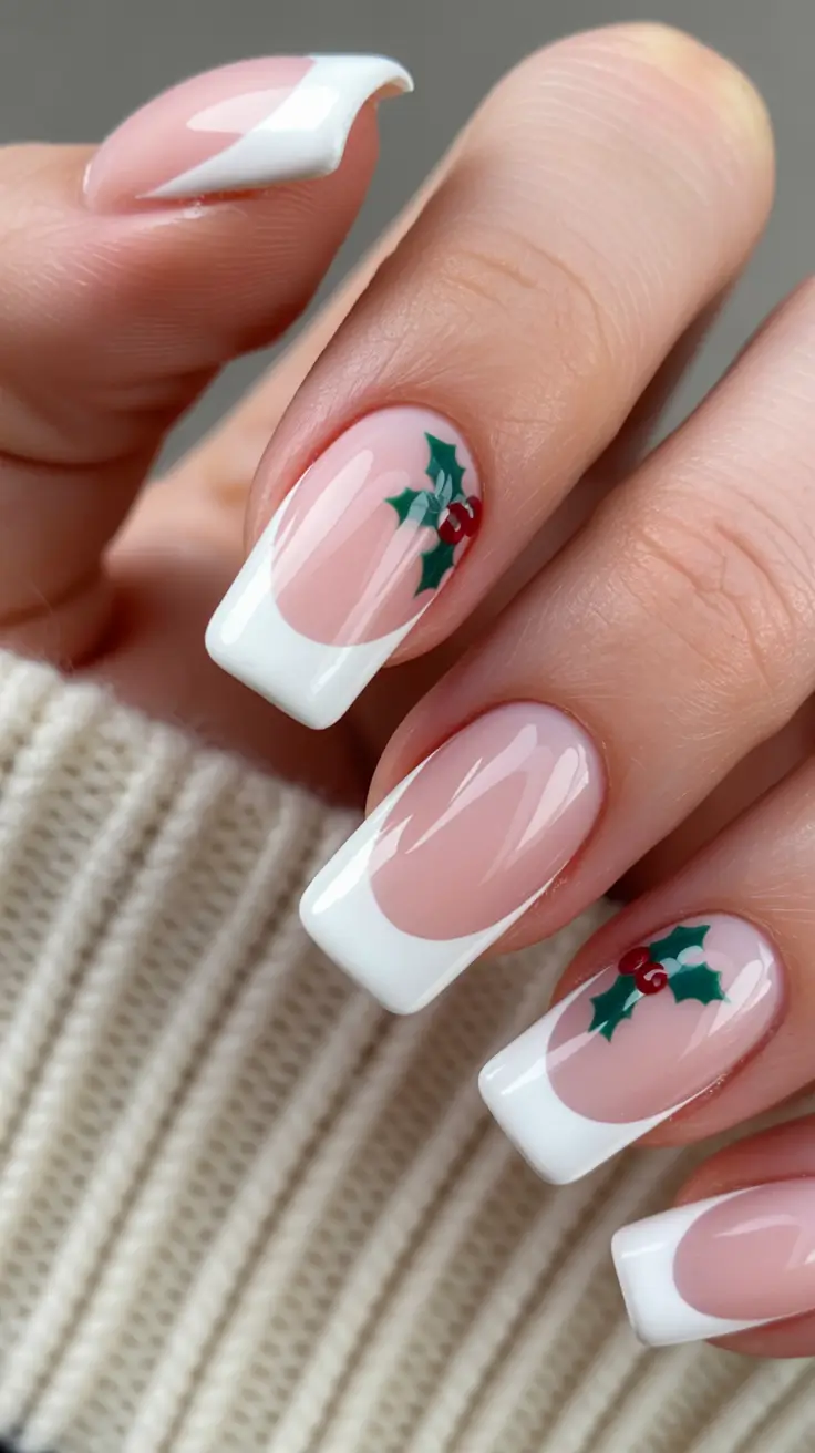 Simple Christmas Nails 2025 Holly French Tips