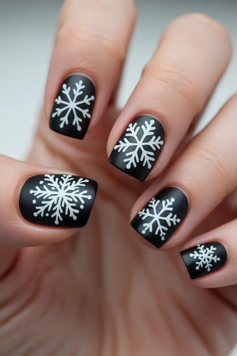 Simple Christmas Nails 2025 Midnight Snowflakes