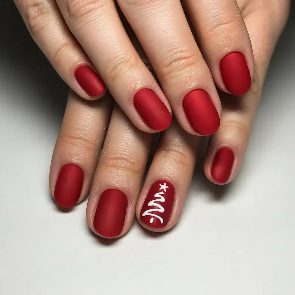 Simple Christmas Nails 2025 Matte Cherry Tree