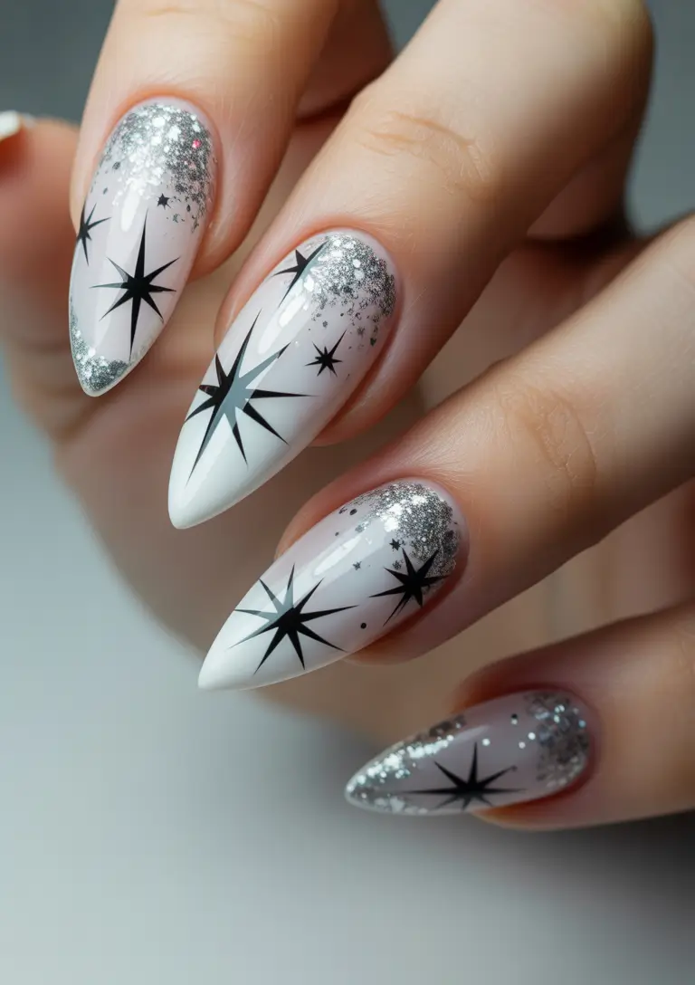 Simple Christmas Nails 2025 Silver Starry Night