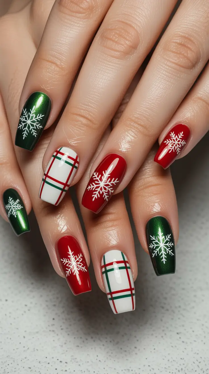 Simple Christmas Nails 2025 Classic Plaid & Snow