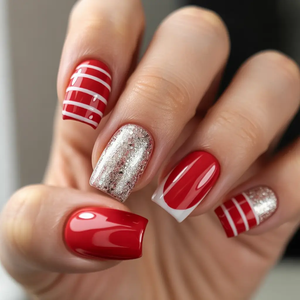 Simple Christmas Nails 2025 Red Spark & Silver Lines