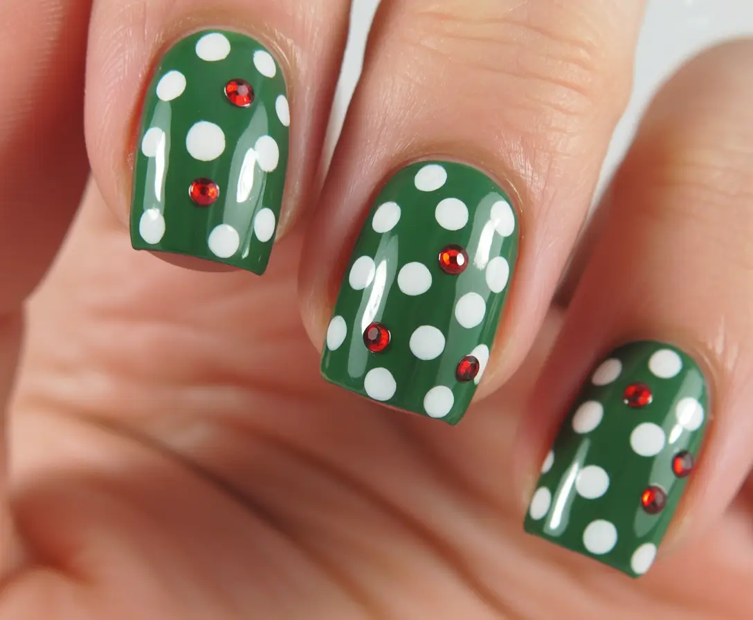Simple Christmas Nails 2025 Festive Polka & Rhinestone Cheer
