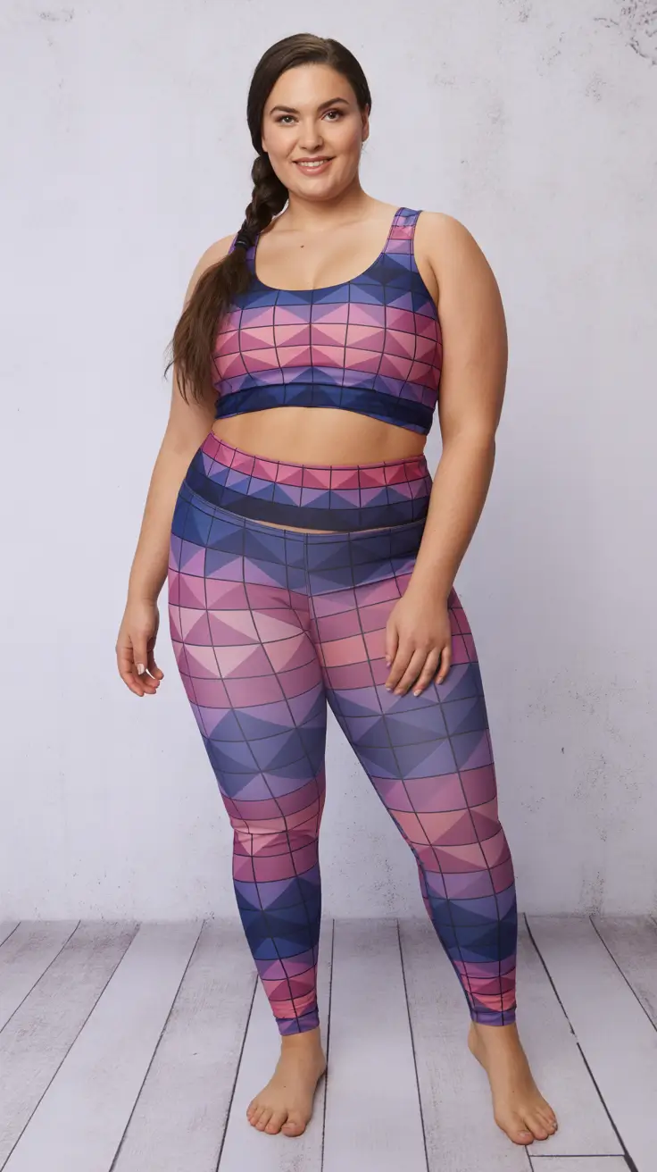 Stylish gym outfits 2026 - Geometric Magenta And Navy Body-Positive Set