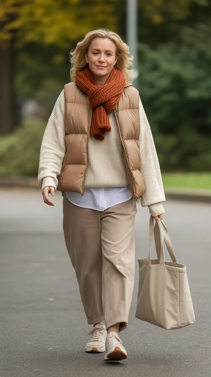 Travel outfit ideas 2026 Puffer Vest and Knit for Park Walks and Coffee Runs