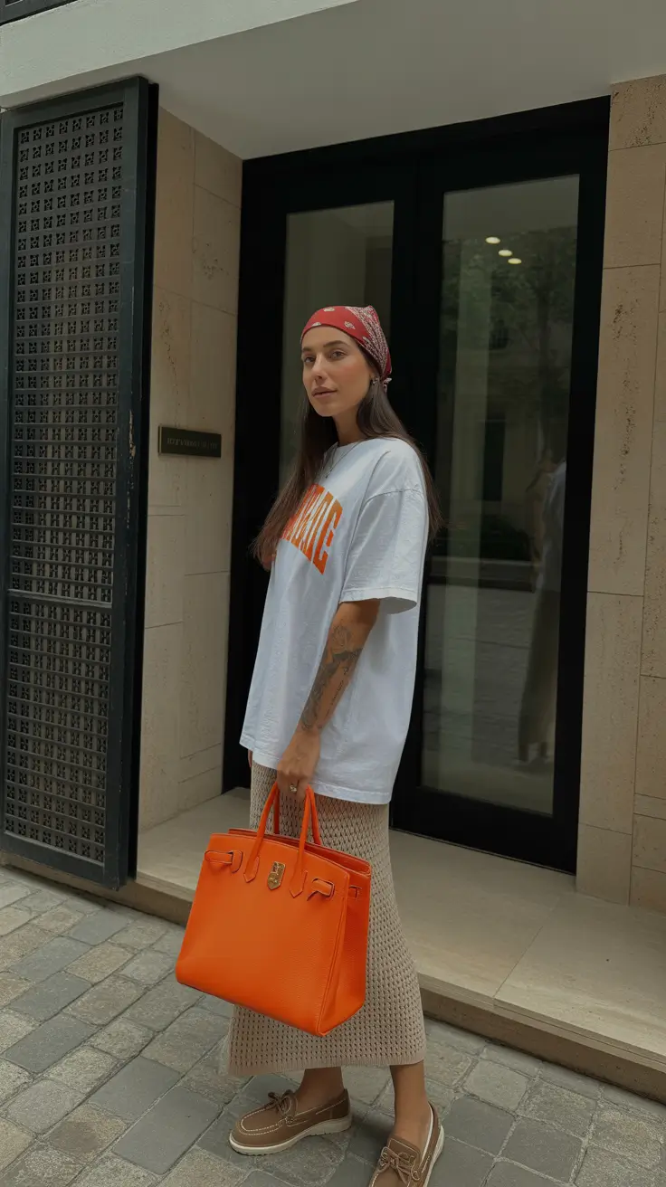 Travel outfit ideas 2026 Bandana, Knit Skirt, and Bold Bag for Creative City Days