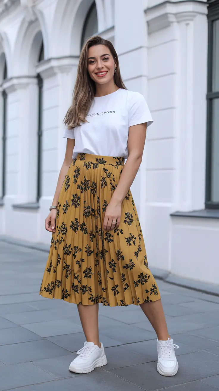 Travel outfit ideas 2026 Floral Midi Skirt and Sneakers for Museum Marathons