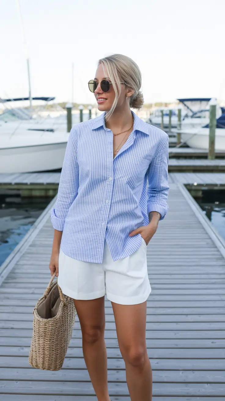 Travel outfit ideas 2026 Striped Shirt and Tailored Shorts for Coastal Getaways