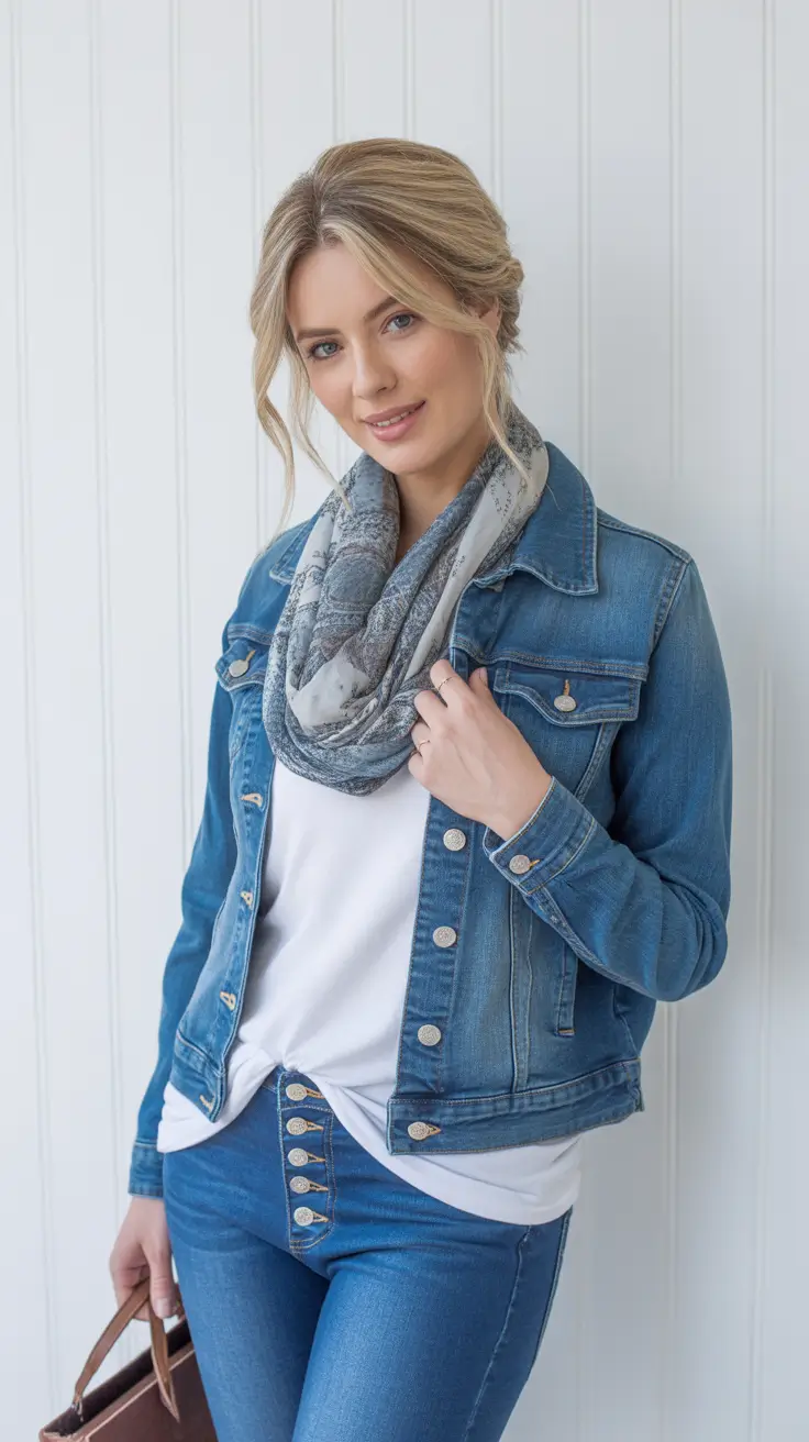 Travel outfit ideas 2026 Denim on Denim with a Scarf for Cooler Days