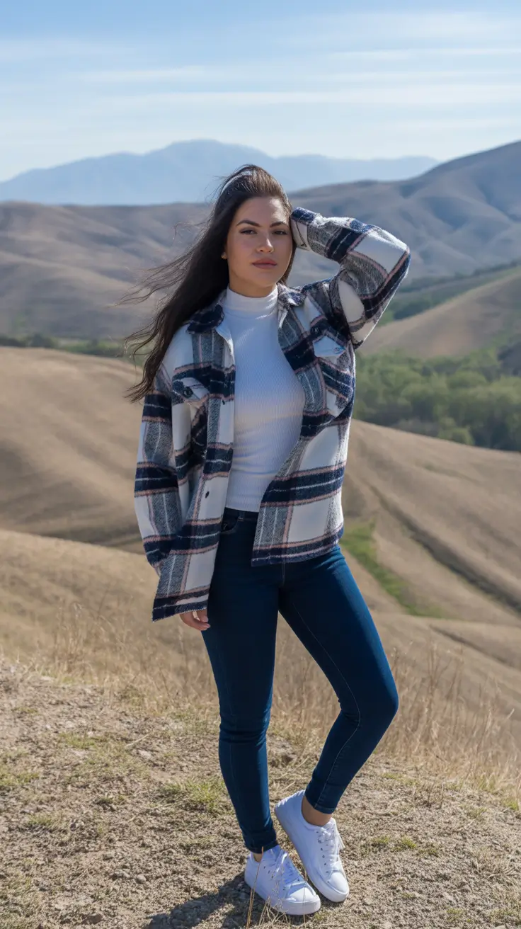 Travel outfit ideas 2026 Plaid Layers for Windy Hills and Cool Trails