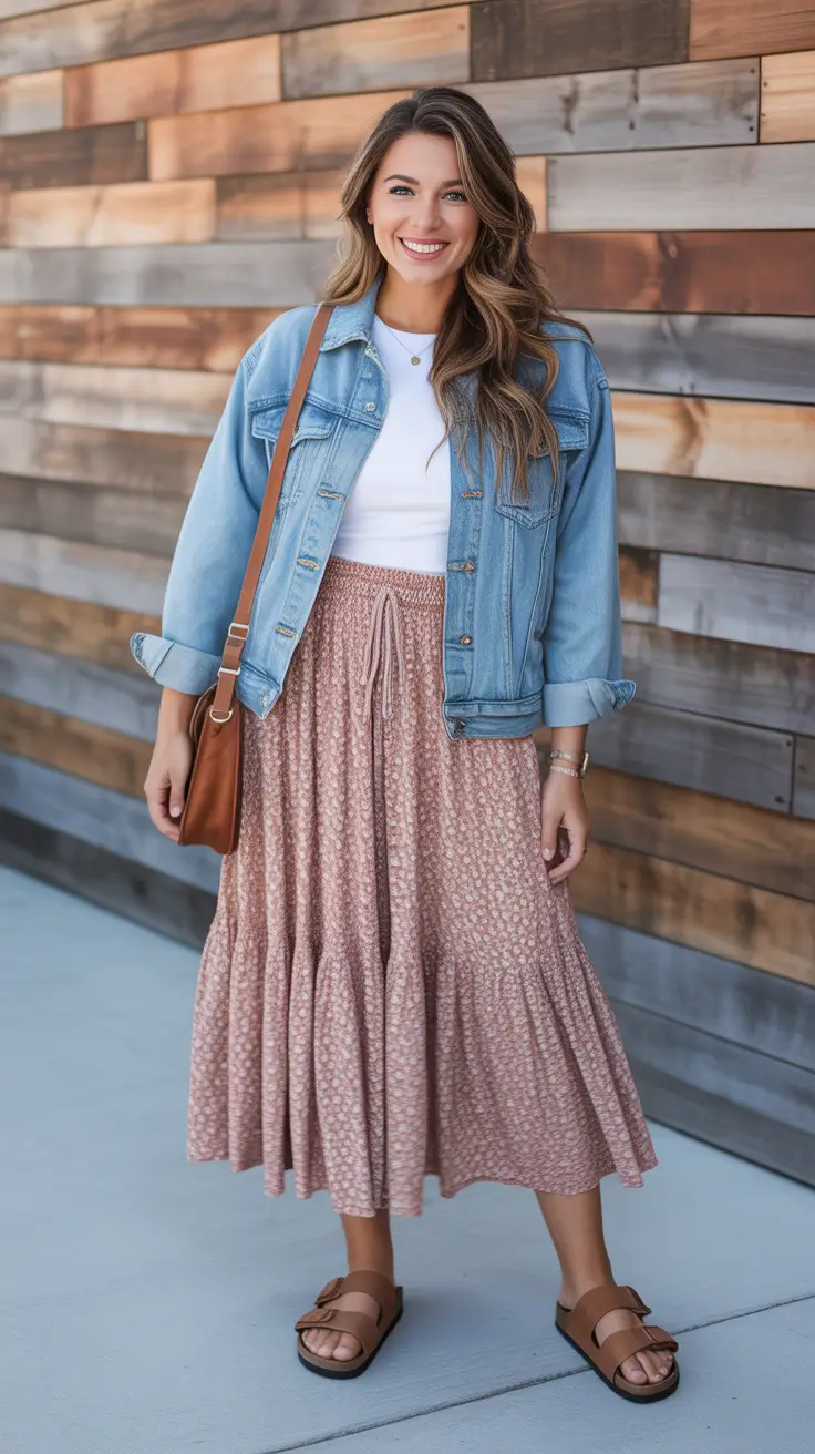 Travel outfit ideas 2026 Maxi Skirt and Denim Jacket for Effortless Day Trips